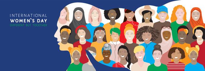 Fototapeta premium International Women`s Day holiday vector banner. Diverse multiethnic group, young women, african, asian, muslim different faces at female silhouette background. Solidarity, empowerment, sisterhood