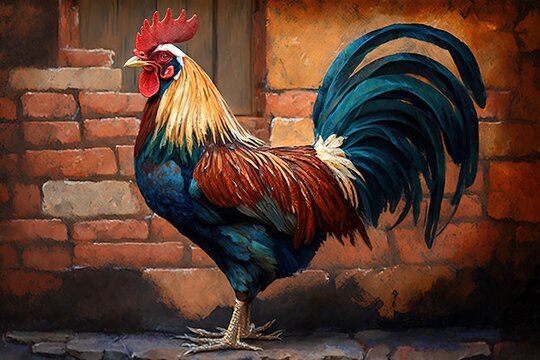  a painting of a rooster standing in front of a brick wall with a door in the background and a brick wall with a door in the middle.  generative ai