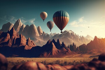  a group of hot air balloons flying over a mountain range in a surreal landscape with mountains in the background and a sunset in the sky.  generative ai
