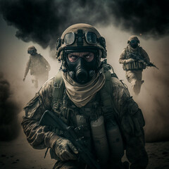 Special forces military unit in full tactical gear. war. Generative AI