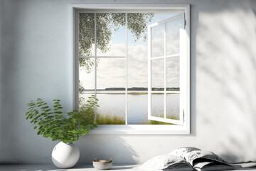 window view of a summertime scene in a white, empty room. Scandinavian style in home decoration. Generative AI