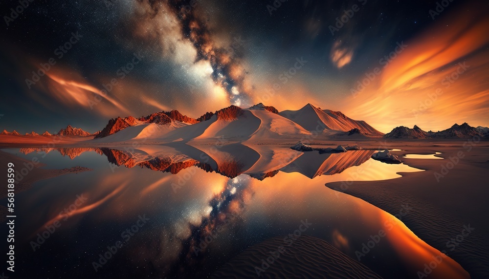 Wall mural a mountain with a reflection in the water and a sky filled with stars and clouds in the background, 