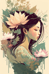 Asian woman with Lotus flower, watercolor Generative AI