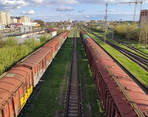 Fototapeta na wymiar rails and train cars in the parking lot