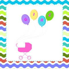 christening, invitation congratulating on the birth of a girl, card, newborn baby, children's day, pink stroller, colorful balloons