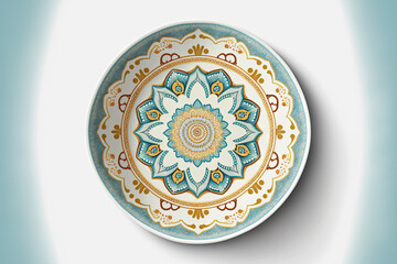 Obraz premium Interior design plates. Illustration of a porcelain dish with a mandala motif. Isolated. circular flowery geometric design. home decor component, interior decoration. Generative AI