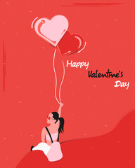 Valentine card. Happy Valentine's Day. Girl sitting alone with heart shaped inflatable balloons. Vector illustration.