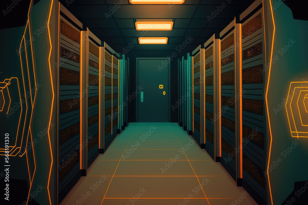 Poster digital representation of an empty server room with light trails and hexagonal shapes. internet secu