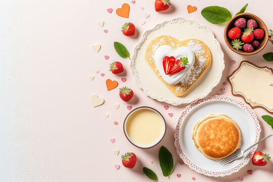 Mother's Day Brunch Or Valentine's Day Corner Border. On A White Wood Banner Background, Top Down. Eggs, Pancakes In The Shape Of Hearts, And Other Dishes With Romantic Themes. Generative AI