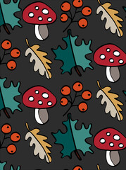  seamless pattern with berries, mashrooms and leaves on the dark grey background