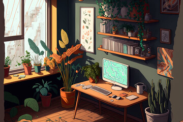 working from home yet being distant. office in the living room with plants and housewares. Generative AI