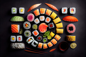 Tasty and colorful sets of sushi on black stone background, food concept, Generative AI