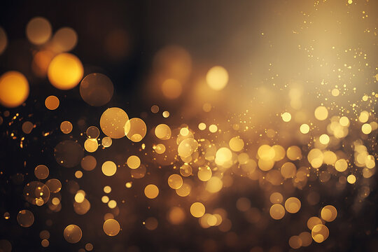 Fond festif étincelant doré avec texture. Lumières de Noël abstraites scintillantes et floues avec effet bokeh et étoiles tombantes. Carte d'invitation ou de vœux (AI)