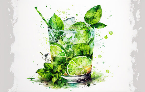 On a white background, a glass of the summertime alcoholic beverage Mojito with lime and mint leaves is seen. Generative AI