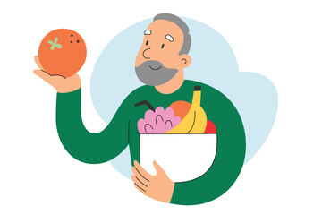 Senior person buying fresh fruits in grocery store, smiling elderly man with grey hair and beard holding an orange, putting fruit into paper bag, flat vector illustration isolated on white background