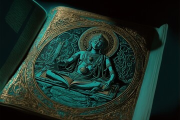 Sacred holy book, 3d teal and gold, religion spirituality, scriptures, generated ai, generated art