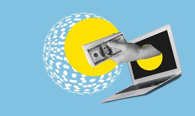 Creative collage of hand with money inside laptop
