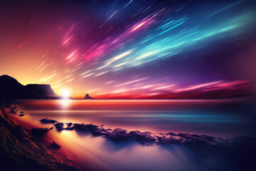 Long exposure effect with vivid twilight sunset sky and motion blur of the sea below. Generative AI