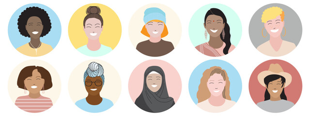 Bright happy smiling women face portraits set. Round frame. Diverse races and nationalities, multicultural, international group, team. Female users avatar icons vector illustration. Flat style design.