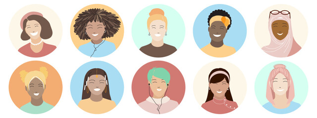 Happy cheerful bright women portraits in round frames set. Diversity of nationalities, multi ethnic team, group, students. Users avatar icons design. Flat style smile female faces vector illustration.