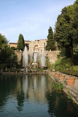 Fototapeta na wymiar Water fountain in Renaissance garden Villa d'Este in Tivoli, Lazio Italy
