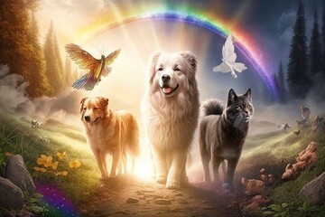 Dogs and cats living in a heavenly paradise, playing, running around in a beautiful fairy forest with ethereal clouds, a rainbow bridge, and nice sunshine. Idea of animals living beyond death in love.
