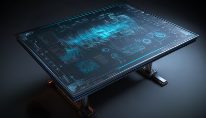 illustration of a modern metal table, the whole top is a huge digital display