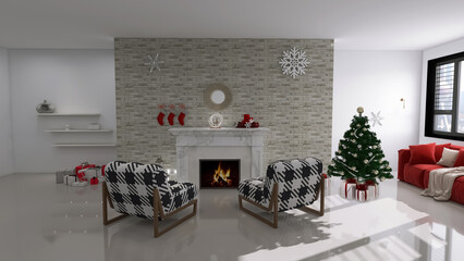 Festive interior design fireplace room christmas, 3d render