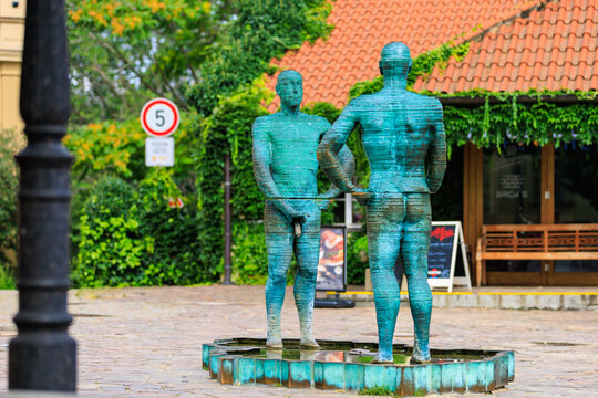 August 25, 2022 Prague, Czech Republic. The famous fountain, main attraction of Prague next to the Franz Kafka Museum