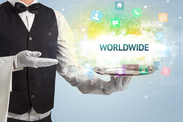 Waiter serving social networking concept