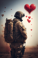 Lonely soldier in uniform with heart shaped balloons, back view
