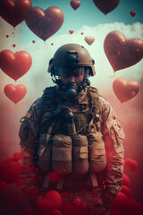 Lonely soldier in uniform with heart shaped balloons, front view.
