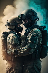 Naklejka premium Soldiers couple embracing