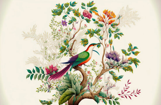 Oriental floral theme in illustration form. A woody vine with exotic blooms, tropic foliage, and tiny birds makes up this original floral design. Life Tree Bright flowers against a white background. F