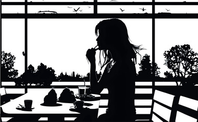 Fototapeta na wymiar girl sitting in coffee shop, ,vector illustration, silhouette, modern black and white design