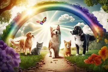 A fantasy paradise for dogs and cats where pets run and play in a beautiful Eden garden populated by ethereal clouds, rainbow bridges, and heavenly sunshine. The idea of an afterlife for animals. - obrazy, fototapety, plakaty
