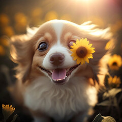 chihuahua on the grass with sunflowers generative ai