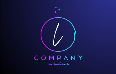 L handwritten alphabet letter logo with dots and pink blue circle. Corporate creative template design for business and company