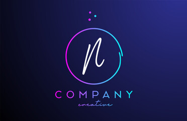 N handwritten alphabet letter logo with dots and pink blue circle. Corporate creative template design for business and company