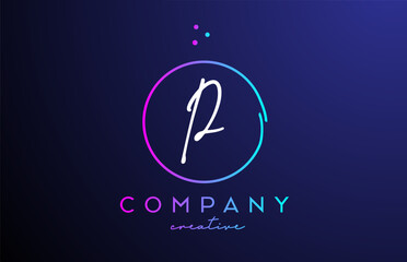 P handwritten alphabet letter logo with dots and pink blue circle. Corporate creative template design for business and company
