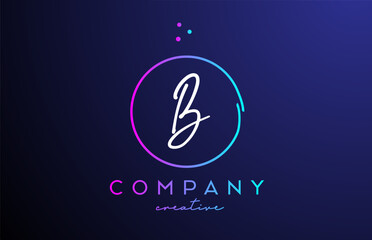 B handwritten alphabet letter logo with dots and pink blue circle. Corporate creative template design for business and company