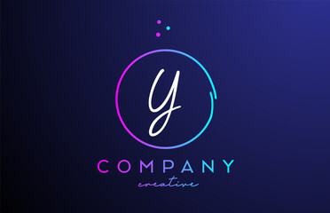 Y handwritten alphabet letter logo with dots and pink blue circle. Corporate creative template design for business and company