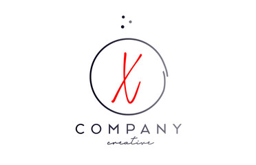 Circle X handwritten alphabet letter logo with dots and black red color. Corporate creative template design for company and business