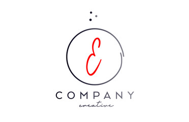 Circle E handwritten alphabet letter logo with dots and black red color. Corporate creative template design for company and business