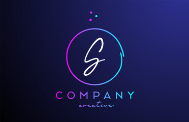 S handwritten alphabet letter logo with dots and pink blue circle. Corporate creative template design for business and company