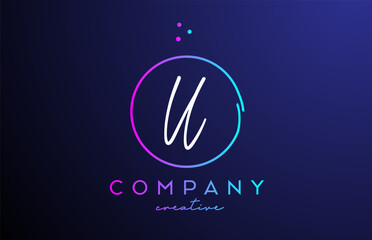U handwritten alphabet letter logo with dots and pink blue circle. Corporate creative template design for business and company