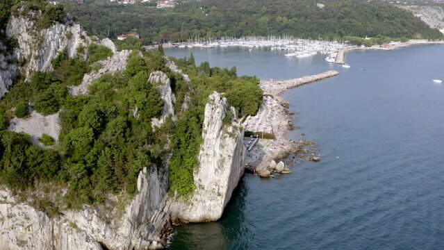 aerial drone shot of duino bay near trieste in italy