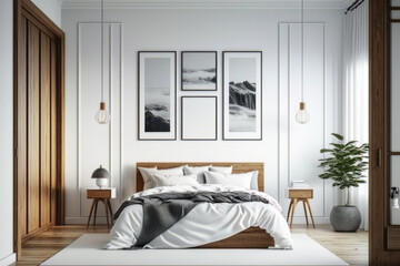 Bedroom interior with wood accented bed and picture frames above the bed. Small side tables and hanging industrial lights
