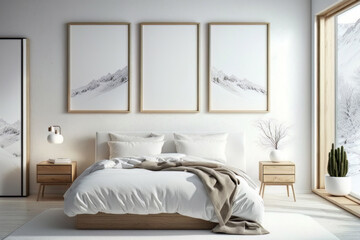 Modern white minimalist style bedroom with wooden picture frames on a white wall