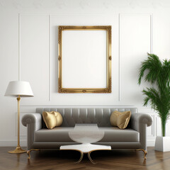 Modern living room with sofa, golden pillows, empty gold picture frame, house plant